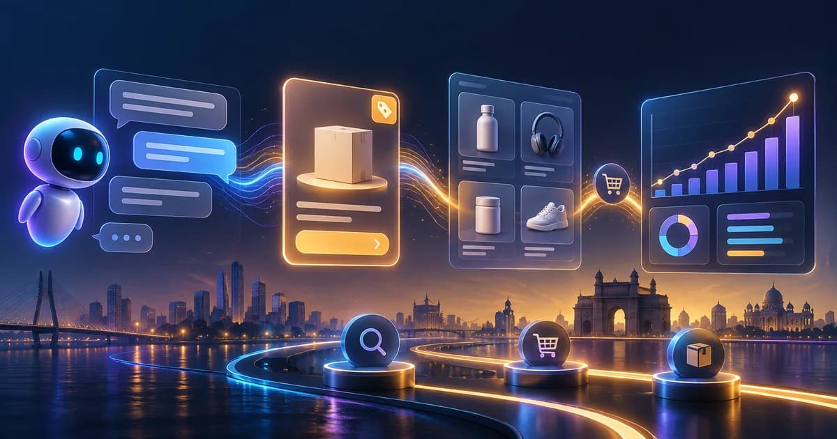 Conversational advertising flow connecting a sponsored product card, commerce catalog and measurement dashboard in India