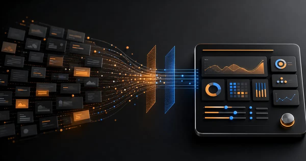 Legacy search campaign data moving through controls into an AI Max performance dashboard