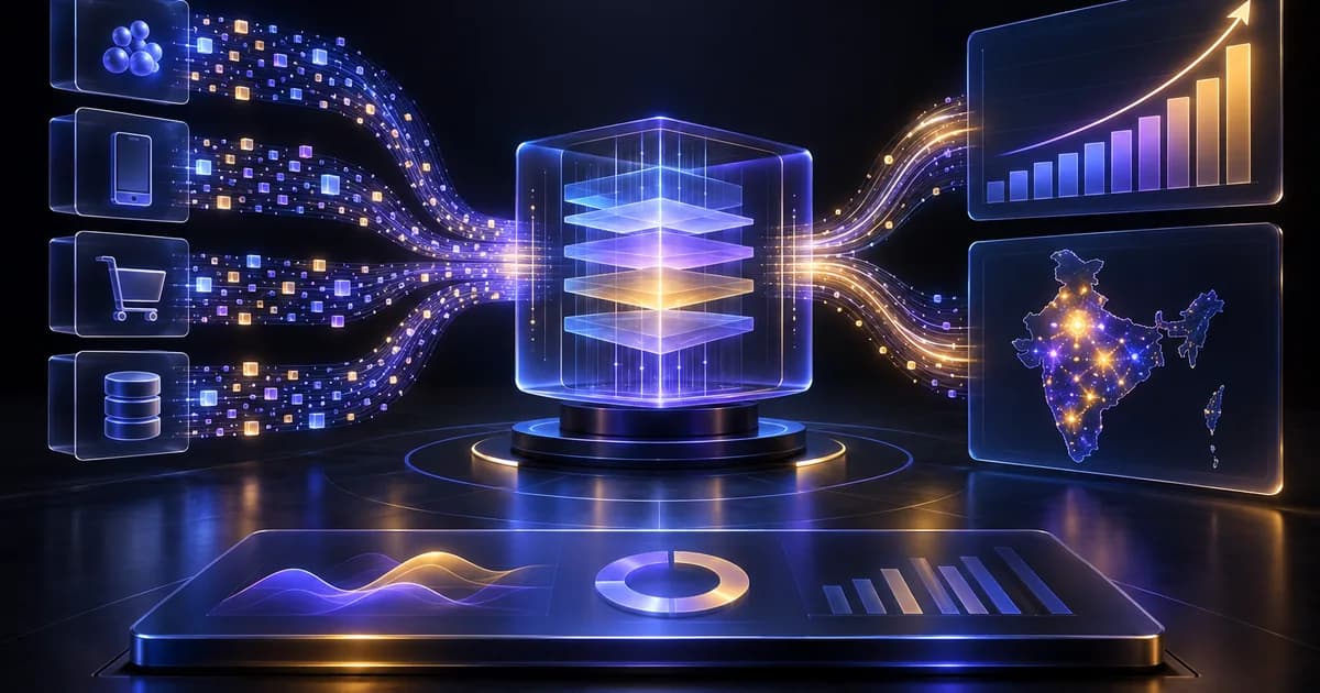 First-party data streams entering a measurement engine connected to conversion uplift and an India geo experiment