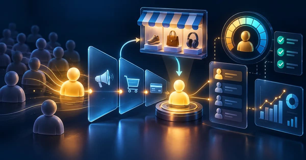 New customer acquisition funnel connecting ecommerce purchases, customer lists, value signals and reporting checks
