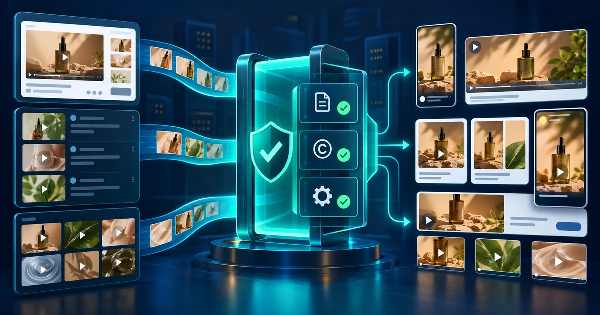 Landing-page, social and video-channel assets passing through a rights verification gateway into multiple ad formats