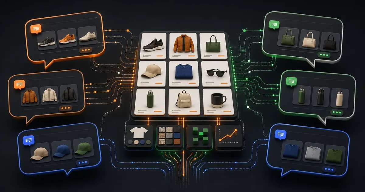 Structured Shopify product data moving from a catalog into several AI shopping conversations