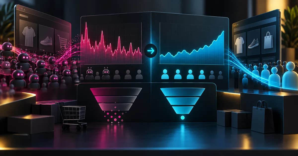 Ecommerce analytics dashboard separating noisy bot sessions from cleaner human shopper signals
