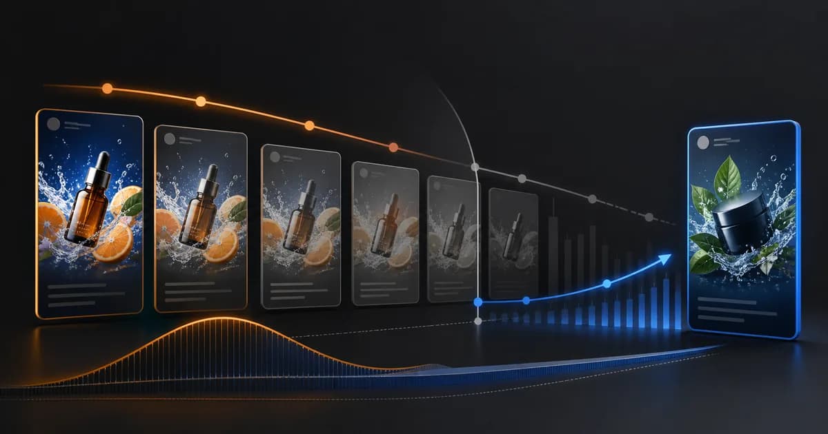 Sequence of paid-ad creatives fading with repeated exposure before a measured creative refresh