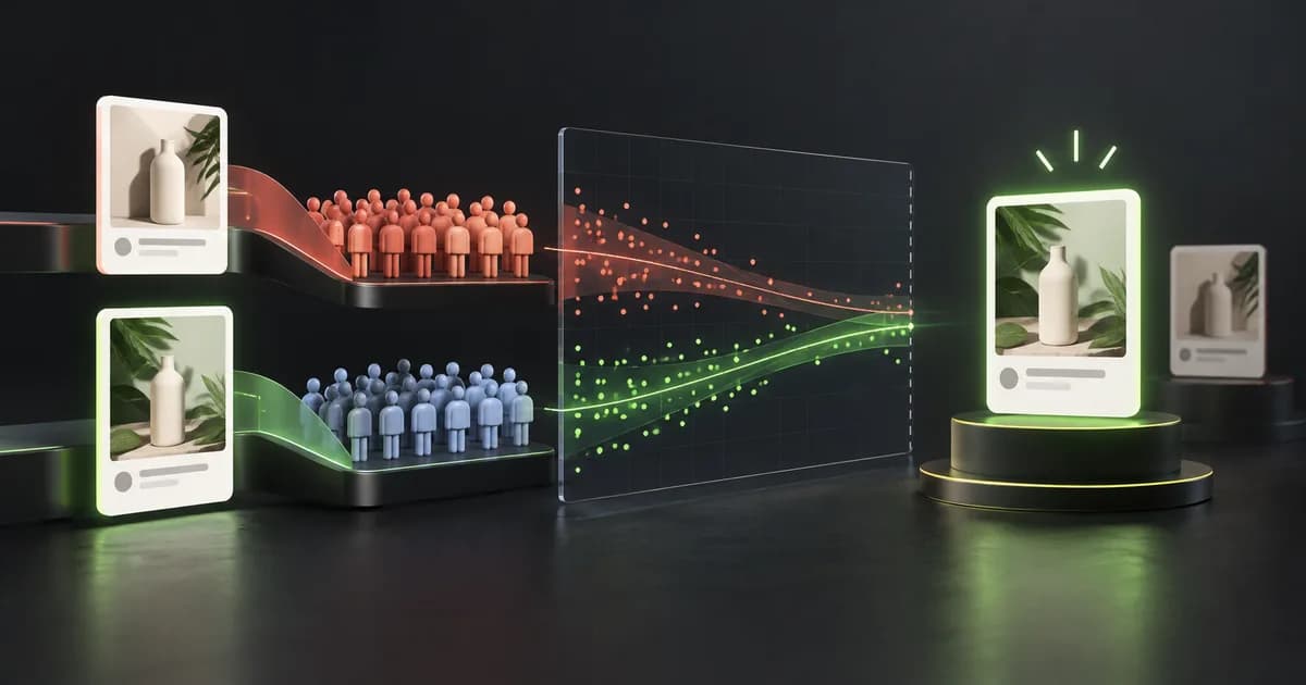 Two advertising creatives entering balanced experiment groups with confidence bands converging on a measured winner