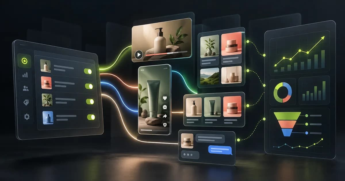 Abstract Demand Gen campaign system connecting video, short-form, product, messaging and measurement panels