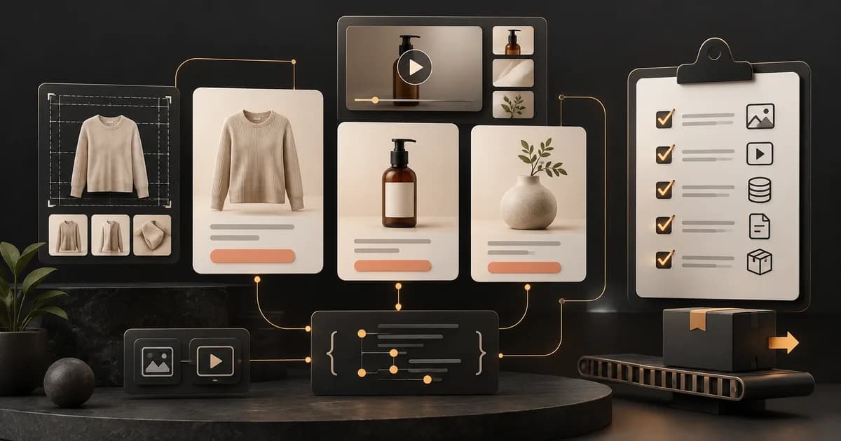 Editorial product-data audit system with ecommerce cards, image grid, video, structured data and checklist