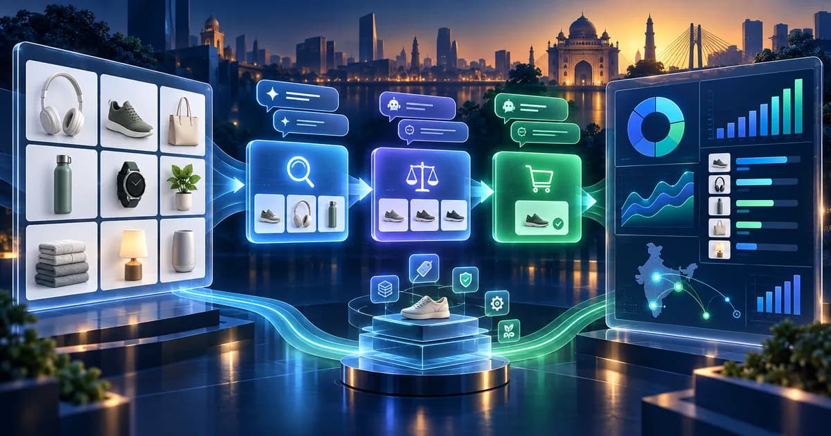 Indian ecommerce product catalog flowing through discovery, evaluation and purchase stages into an AI visibility dashboard