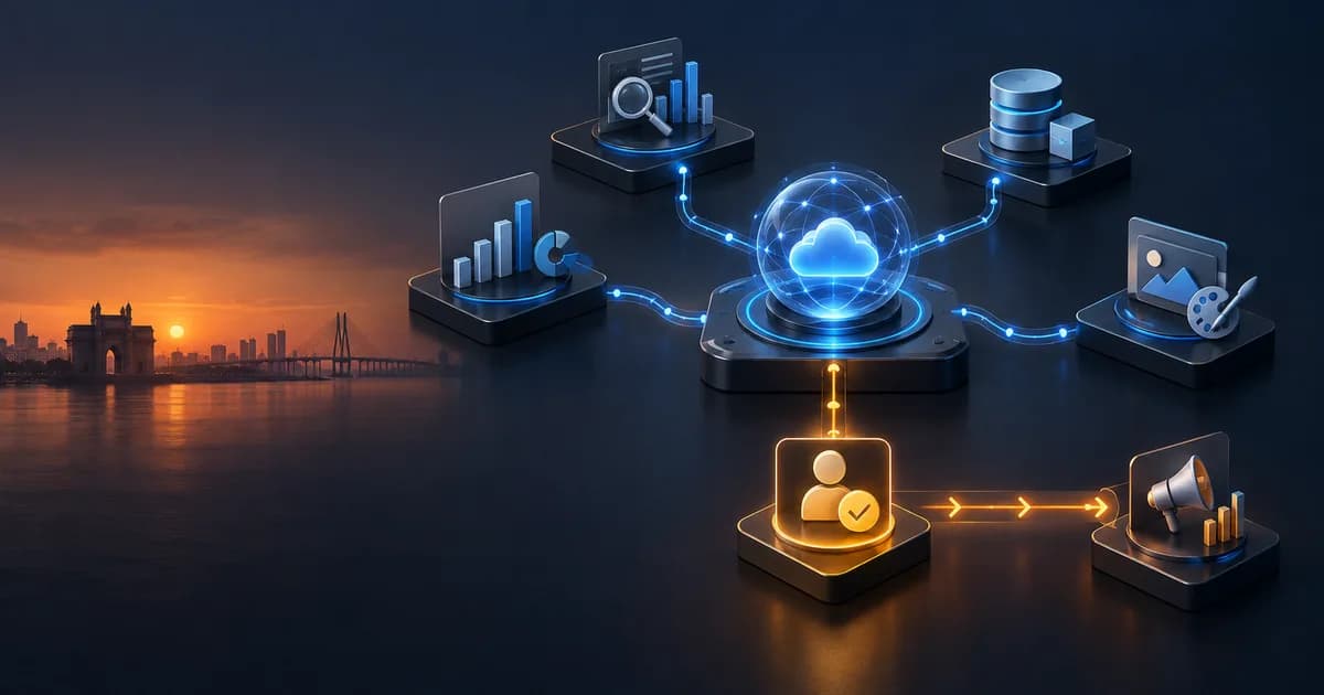 Governed cloud agent workflow linking marketing analysis, data, creative review and a human approval gate