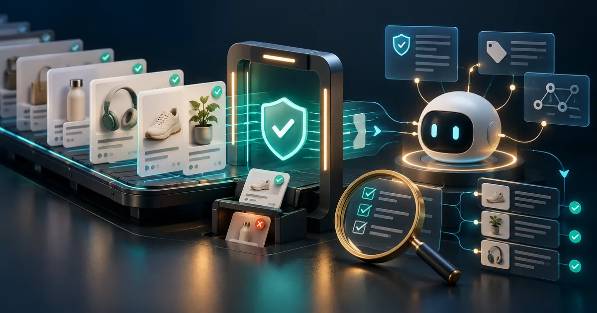 Product cards passing through eligibility checks into a connected AI knowledge hub