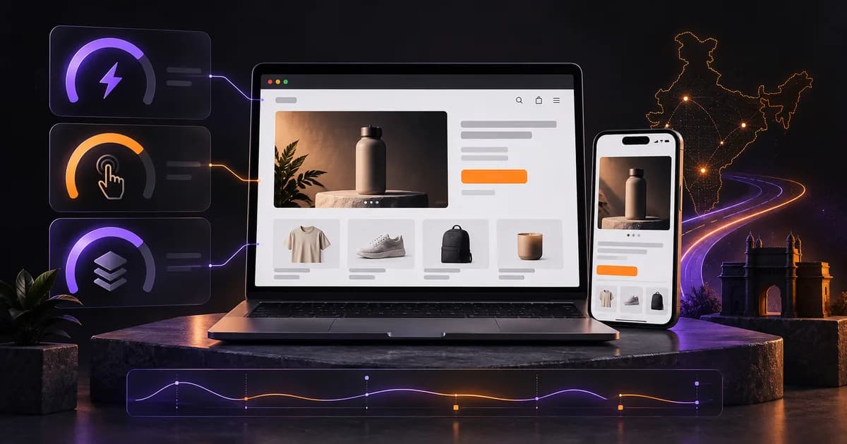 Shopify storefront on laptop and mobile screens with three Core Web Vitals diagnostic gauges