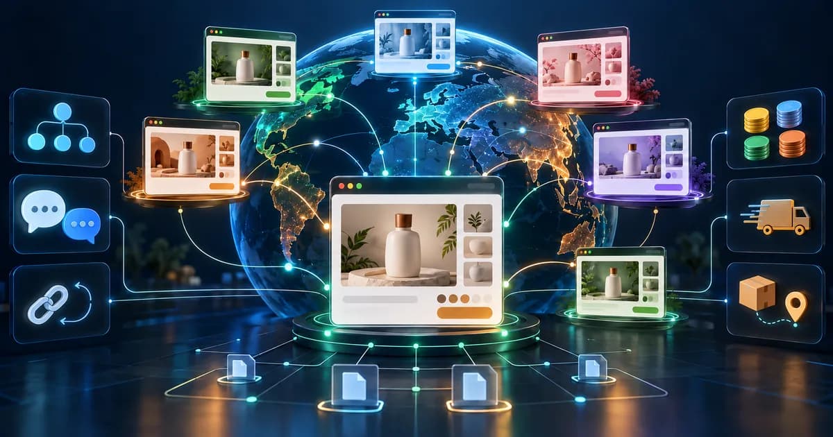 Global ecommerce storefront connected to localized market domains, languages, currencies and shipping signals