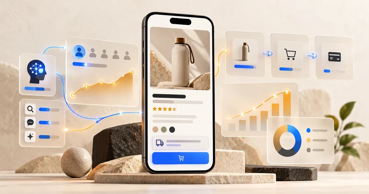 Shopify product page on a mobile phone surrounded by AI referral and conversion funnel diagnostics