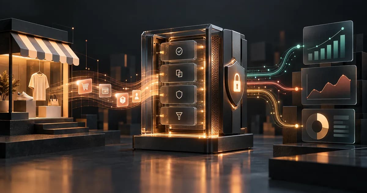 Abstract Shopify storefront event stream passing through a secure first-party server gateway into analytics systems