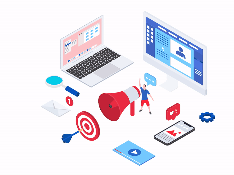 Animated brand identity visual highlighting digital branding, social media presence, marketing communication, and audience targeting elements.