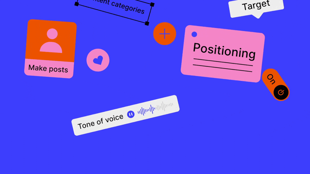 Animated brand strategy graphic showing positioning, target audience, content categories, tone of voice, and content creation elements.