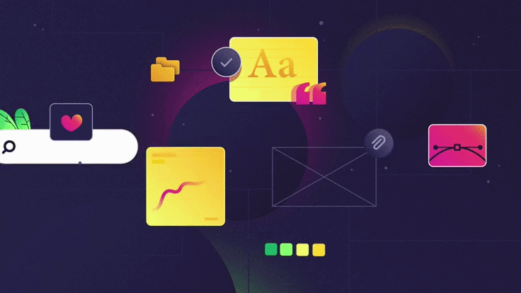 Animated creative marketing illustration showing design tools, typography, color palette, and a dynamic rocket graphic representing brand growth and visual storytelling.